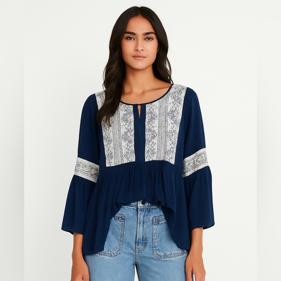 Nordstrom Tops - Lace Flutter Peasant Ruffle Sleeve Blue White Blouse Top Tunic New Directions